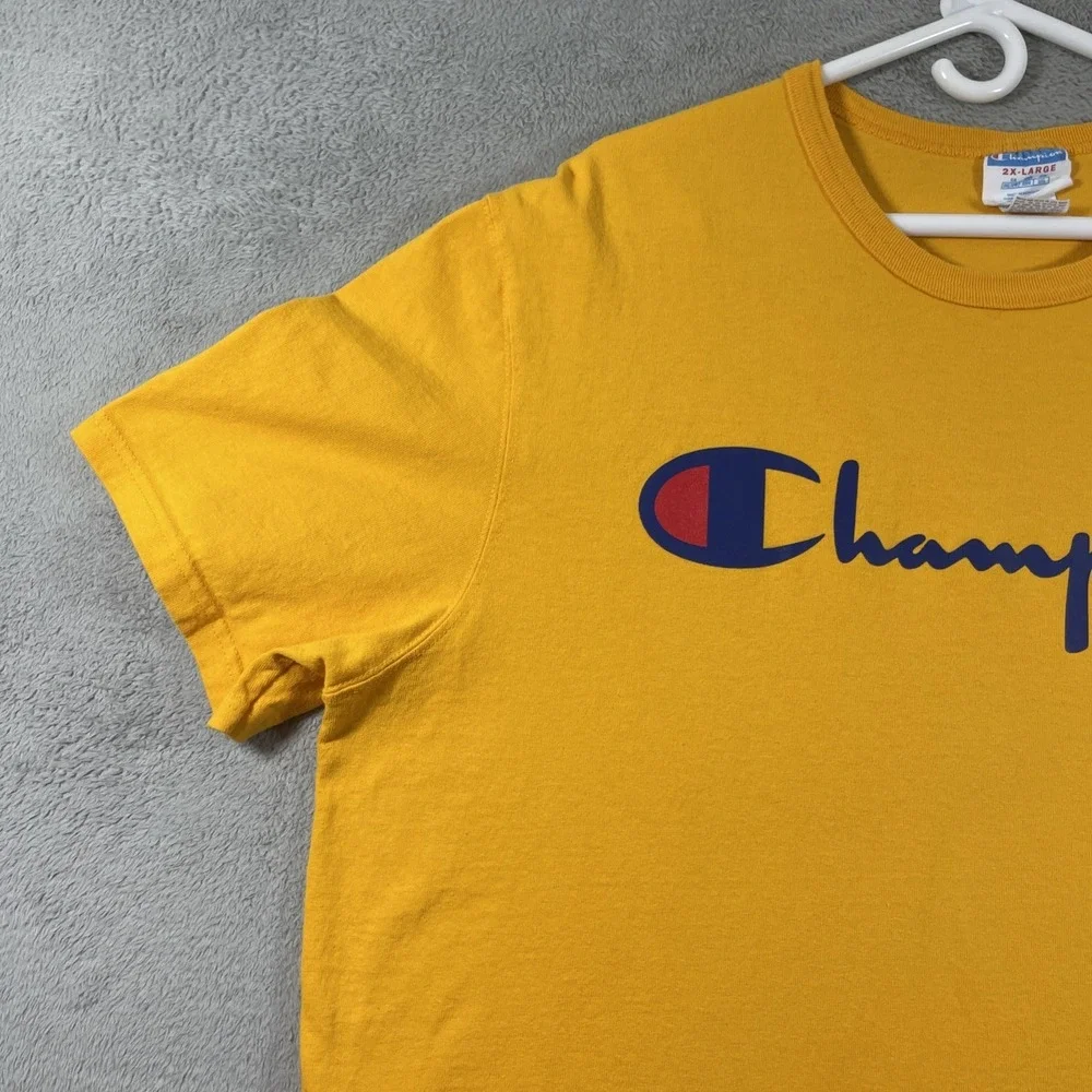 Champion Shirt Adult 2XL Yellow Spell Out Graphic Tee Short Sleeve READ - Picture 4 of 14